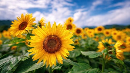 Fototapeta premium Beautiful sunflowers blooming in an expansive field under a bright blue sky with fluffy clouds, showcasing vibrant yellow petals and green leaves.