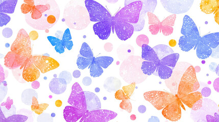 Colorful butterflies various shades of purple, pink, and orange float among soft pastel circles, creating whimsical