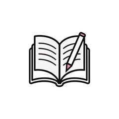 Open book with pencil writing isolated on white background