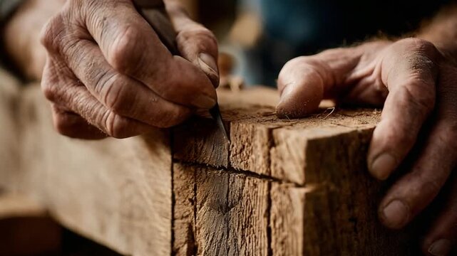 Artisan's Craft: Close-up of a master craftsman's hands meticulously carving into a wooden plank, showcasing the skill and dedication of traditional craftsmanship.