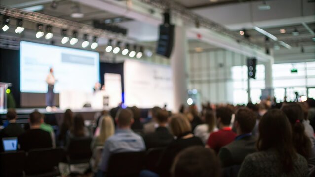 Pitch Arena Blur — Blurred overview of a tech pitch event with modern crowd

