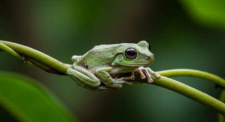 Obraz premium A close-up view of a vibrant green frog perched on a slender, curving vine, observing.