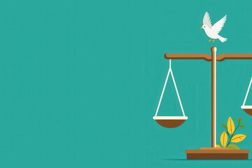 Balanced scales symbolize justice and peace, featuring dove perched above, representing harmony and hope