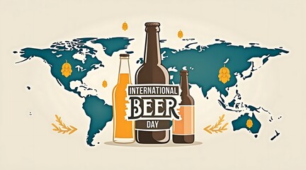 Three bottles of craft beer stand in front of a stylized world map with glowing locations