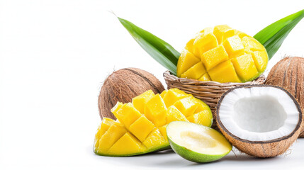 Fresh mangoes in bamboo basket with coconut shells create vibrant tropical scene