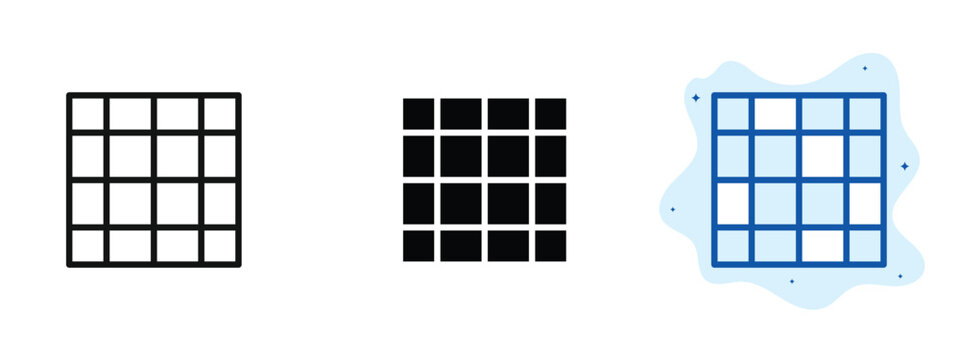 set of pixel perfect colored Grid icon, 1 silhouette, 1 Unexpanded, Rectangular matrix representing layout or display format.