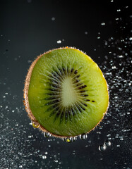 A floating sliced kiwi in mid-air, surrounded by water droplets, frozen motion with dark background