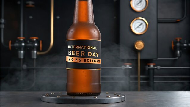 Craft beer bottle levitating above a glass in a moody industrial brewery setting