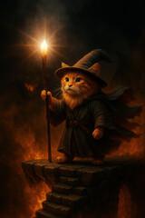 Fantasy Cat Wizard Holding Glowing Staff on Fiery Cliff