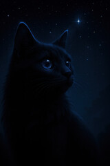 Black Cat Under Starry Night Sky Gazing at a Bright Star