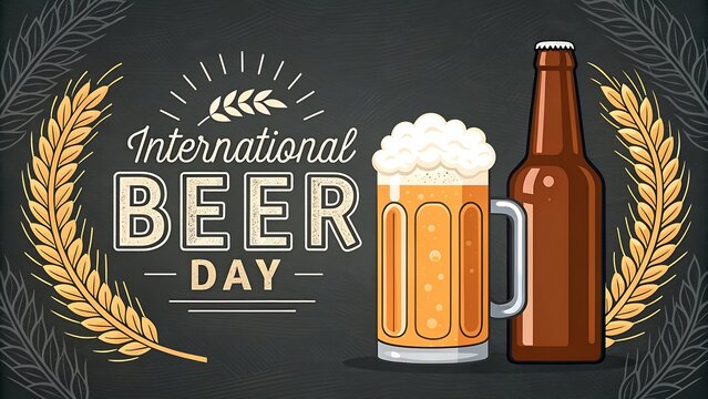 International beer day celebration with a frothy pint of beer and a brown glass bottle on a dark background - Powered by Adobe