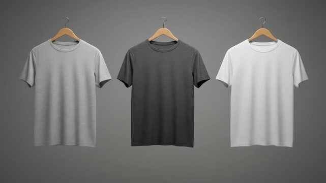 Three blank t-shirts in grey, dark grey, and white hang on wooden hangers against a grey background. The shirts are simple, with short sleeves