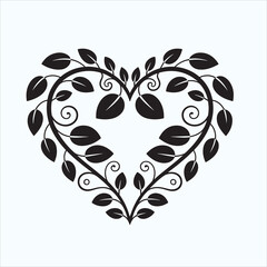 Heart shaped floral design with leaves and swirls in black and white