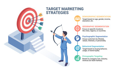 An isometric business infographic target marketing strategies. A businessman aiming a arrow at a target concept template. Timeline, banner, diagram, web design.