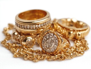 Gold jewelry assortment, including rings and a pendant.  Diamonds are set in the gold