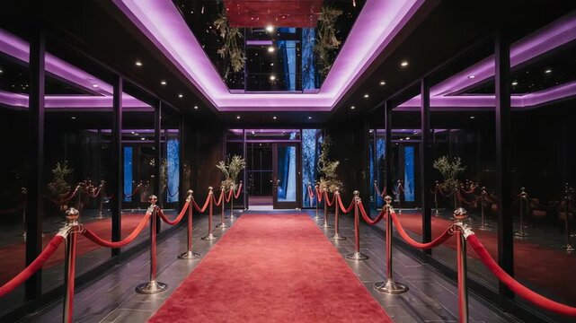 Elegant hallway with red carpet and velvet ropes for a special event