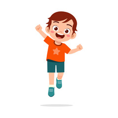 Happy Caucasian Boy Jumping with Joy and Raised Hands in the Air with Smiling Face