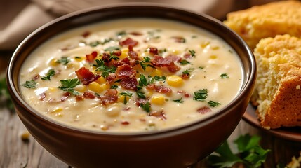Creamy Corn Chowder with Bacon Toppings Served in a Bowl