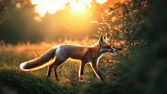 Fox standing in a field at sunrise