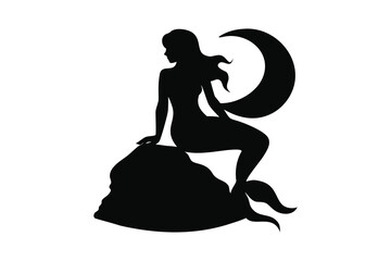 Obraz premium Mystical Mermaid Sitting on Rock with Crescent Moon in Silhouette Style a Simple Black and White Vector Illustration silhouette