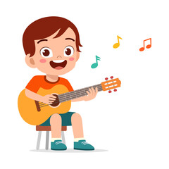Happy cartoon boy playing acoustic guitar sitting on a stool with musical notes