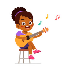 Happy African Girl Playing Guitar on Stool with Musical Notes Illustration