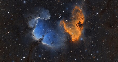 Cosmic nebulae; vibrant blues and oranges; swirling clouds of gas and dust; scattered stars