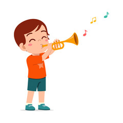Happy Boy Playing Trumpet and Producing Musical Notes in Illustration on White Background © Colorfuel Studio