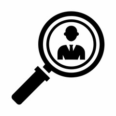 Magnifying glass with a person inside representing job search or recruitment process