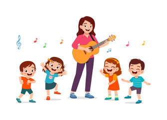 Happy young woman playing guitar and singing with joyful kids dancing around her enthusiastically
