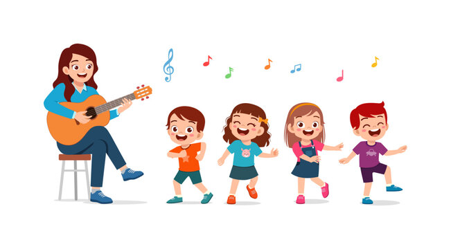 Happy teacher playing guitar for kids dancing cartoon illustration vector image - Powered by Adobe
