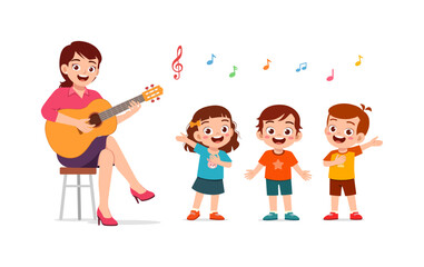 Happy teacher playing guitar with cheerful kids singing song, cartoon style illustration