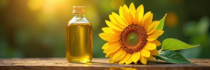 Fototapeta premium Golden sunflower oil bottle, vibrant bloom in splash, packaging, visual