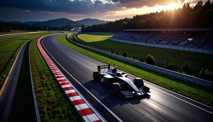 Formula One Race Event, Racing Car, Aerial View Track, Green Landscape, Sports Environment, Dynamic Perspective, Thrilling Experience