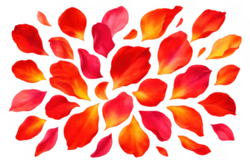 Realistic red and orange rose petals falling against a transparent background, creating a romantic and elegant atmosphere