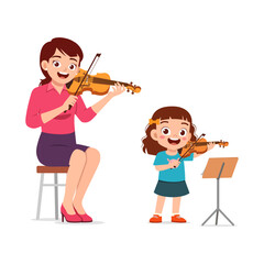 Young girl learning violin from teacher happily in a cartoon illustration style © Colorfuel Studio