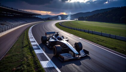 Exciting Action at a Formula 1 Race, High-Speed Car Racing on a Scenic Track, Lush Green Surroundings, Dynamic Capture