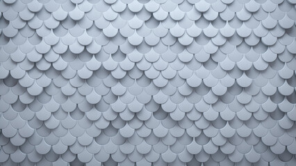 Fish Scale Tiles arranged to create a Polished wall. Futuristic, White Background formed from 3D blocks. 3D Render