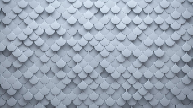 Fish Scale Tiles arranged to create a Polished wall. Futuristic, White Background formed from 3D blocks. 3D Render