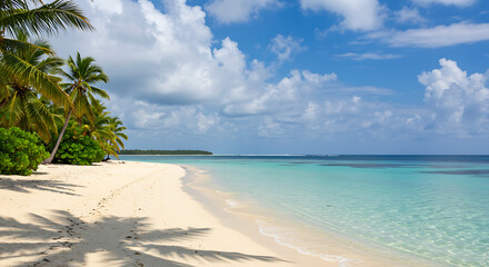 A tranquil tropical escape: white sand beach, transparent turquoise water, and swaying palm trees.

