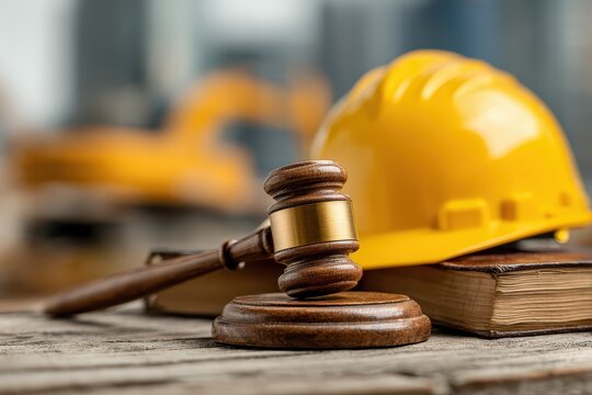 Gavel, books, and hard hat on a wooden surface, crane in the background. It can be used for construction laws and workplace safety themes.