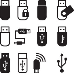 Usb flash drives security connection wireless data transfer technology icons storage