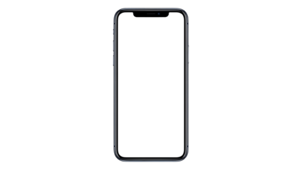 A modern smartphone with a blank white screen is isolated on transparent background
