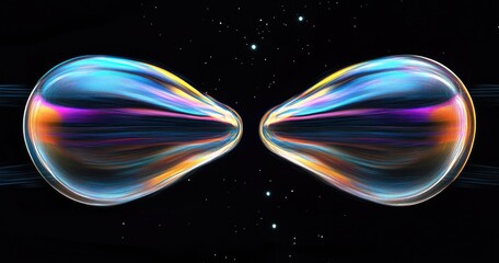 Two iridescent, teardrop-shaped forms, mirroring each other, are set against a dark backdrop of glittering stars.  Vibrant, flowing colors radiate from their interiors