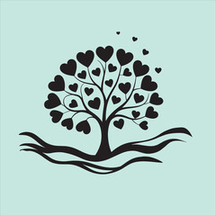A black tree with heart shaped leaves and wavy lines on light blue