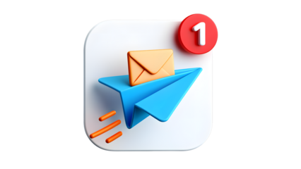 A blue paper airplane sends an email with a notification isolated on transparent background