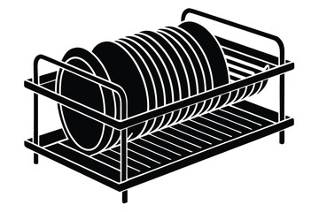 Minimalist Black and White Illustration of a Dish Rack Filled with Plates in Kitchen Setting