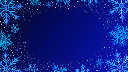 A festive blue background with a border of delicate snowflakes and sparkling snow