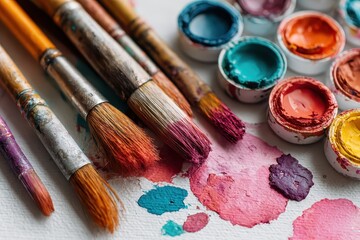 Obraz premium Paint brushes and colorful paints on white canvas, close up shot. It shows creative art process, perfect for artistic project promotion.