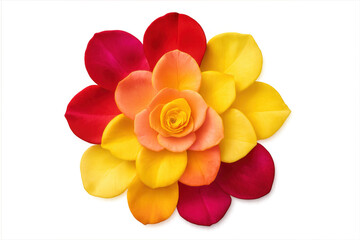 Rose petals forming a flower with a gradient of colors from red to yellow on a transparent background